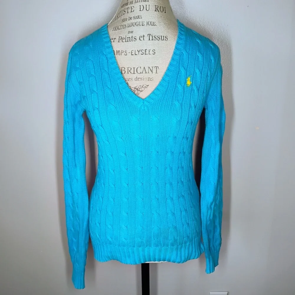 Ralph Lauren Sport Cable Knit Sweater Womens Medium Blue Yellow Pony Logo Preppy